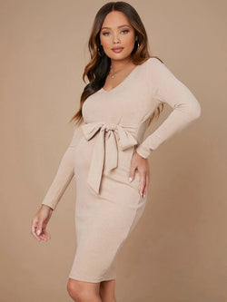 Elegant Maternity Dress Elegant Ribbed Maternity Dress with Bow Detail