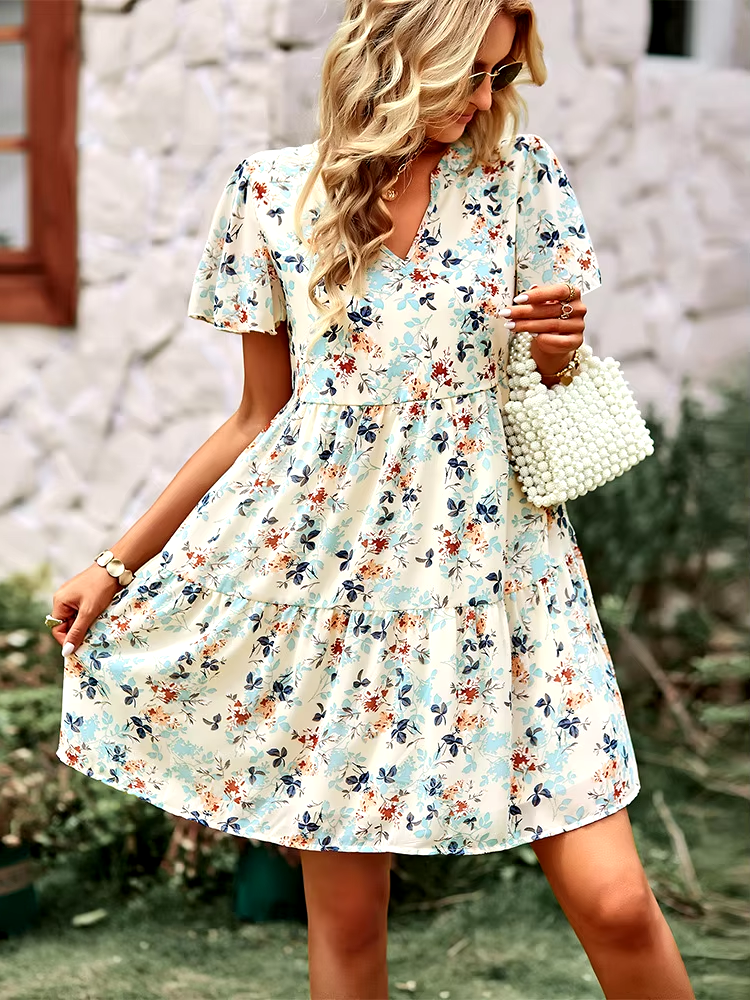 Ladies Casual Floral Chiffon Dress -  Apricot