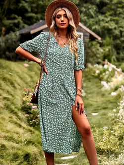 Printed V-Neck Dress with Ruffled Sleeves and Split Skirt -  Green