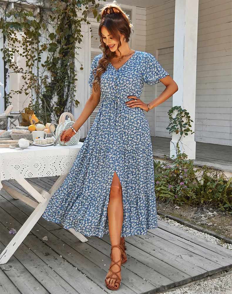 Women's Summer Floral Split Dress - Blue