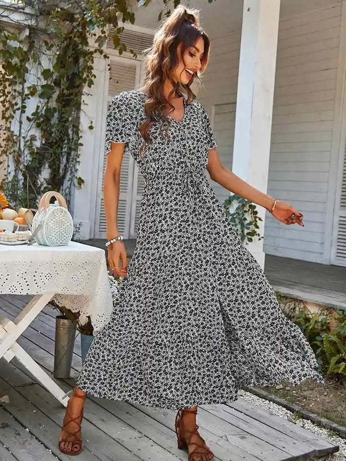 Women's Summer Floral Split Dress - Black and White