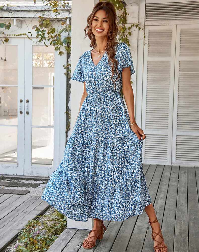 Women's Summer Floral Split Dress - Blue