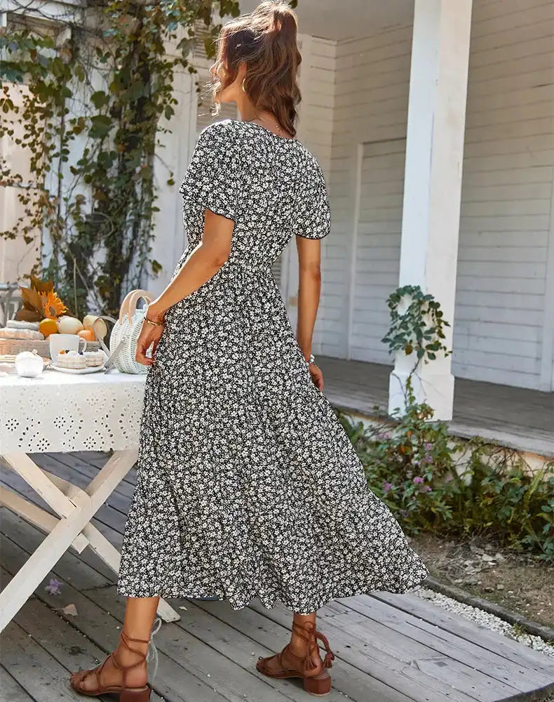 Women's Summer Floral Split Dress - Black and White