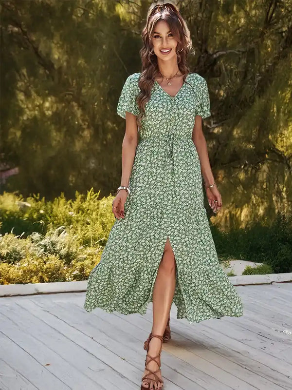 Artemis Dress - Women's Summer Floral Split Dress - Moss Green