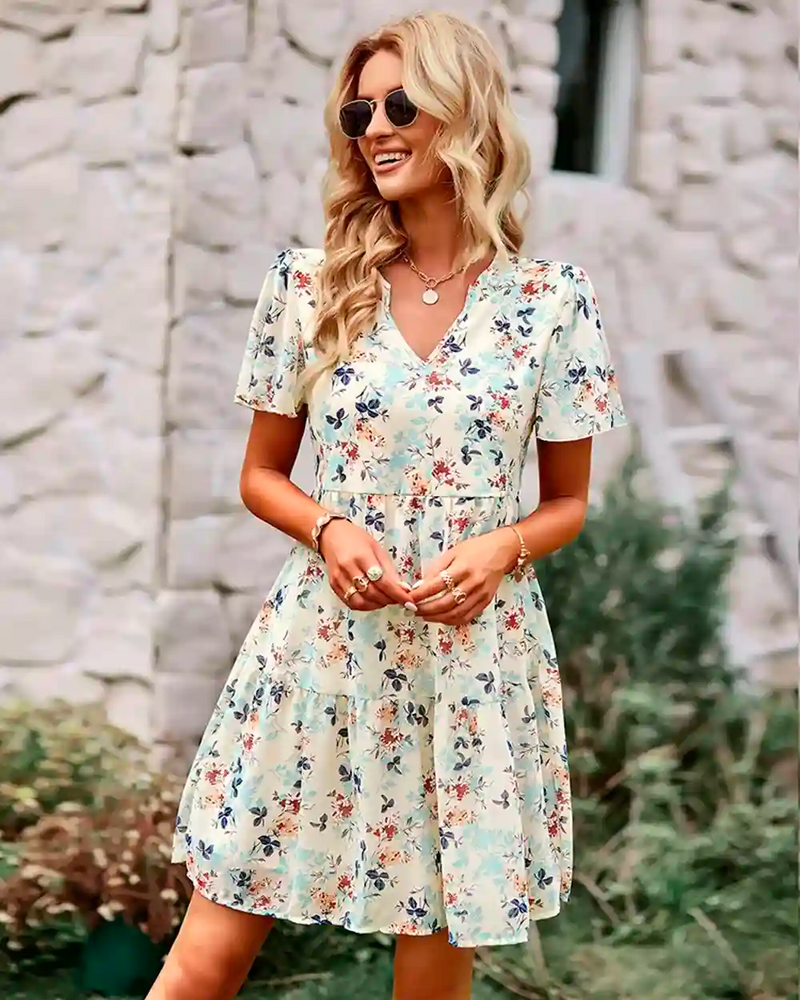 Ladies Casual Floral Chiffon Dress -  Apricot