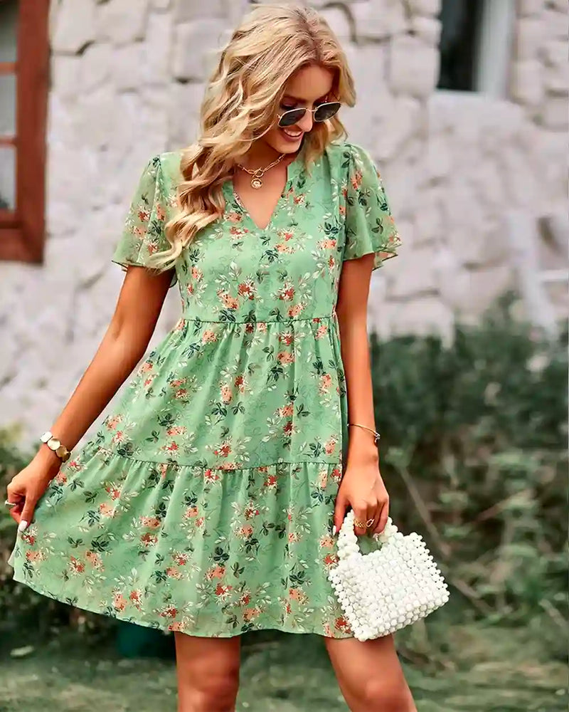 Ladies Casual Floral Chiffon Dress -  Green