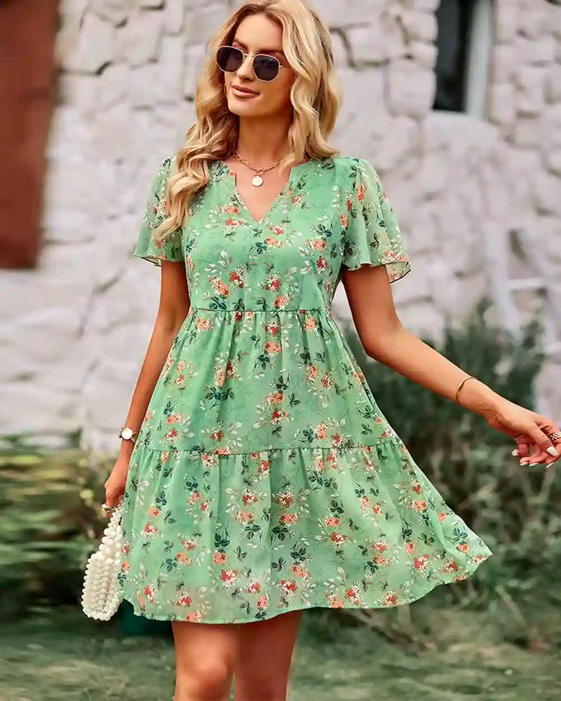 Ladies Casual Floral Chiffon Dress -  Green