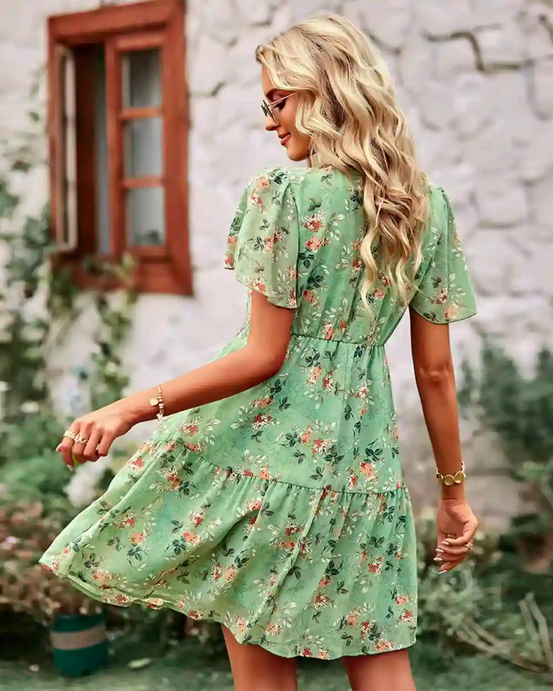 Ladies Casual Floral Chiffon Dress -  Green